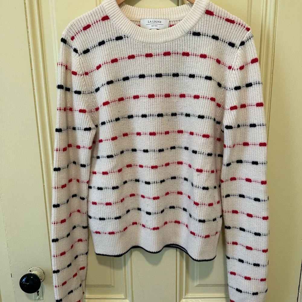 La Ligne Wool Jacquard Strip Red Blue Sweater - Picture 1 of 4